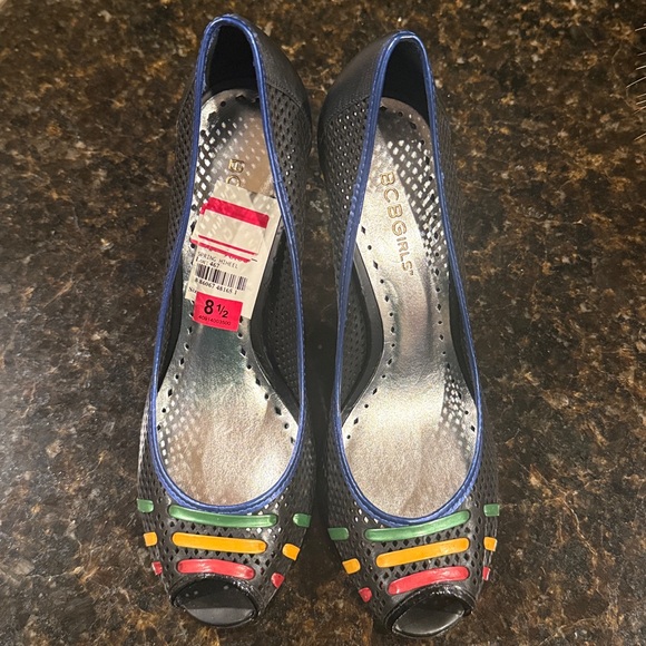 BCBGIRLS* Black Rainbow Accent. Mesh Open Toe Heels - Picture 2 of 6